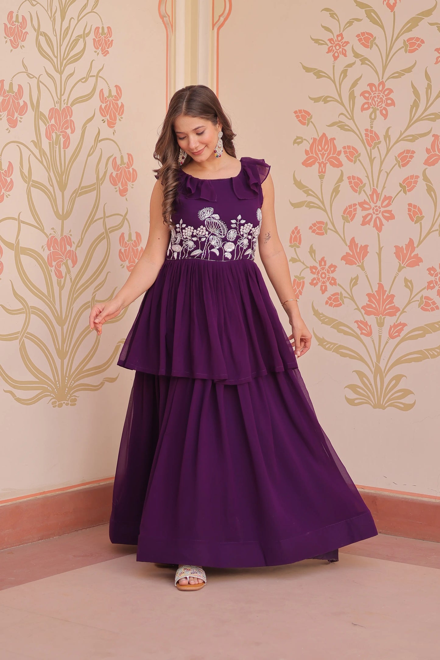 Designer Grape Purple Beads Embroidery Work Gown