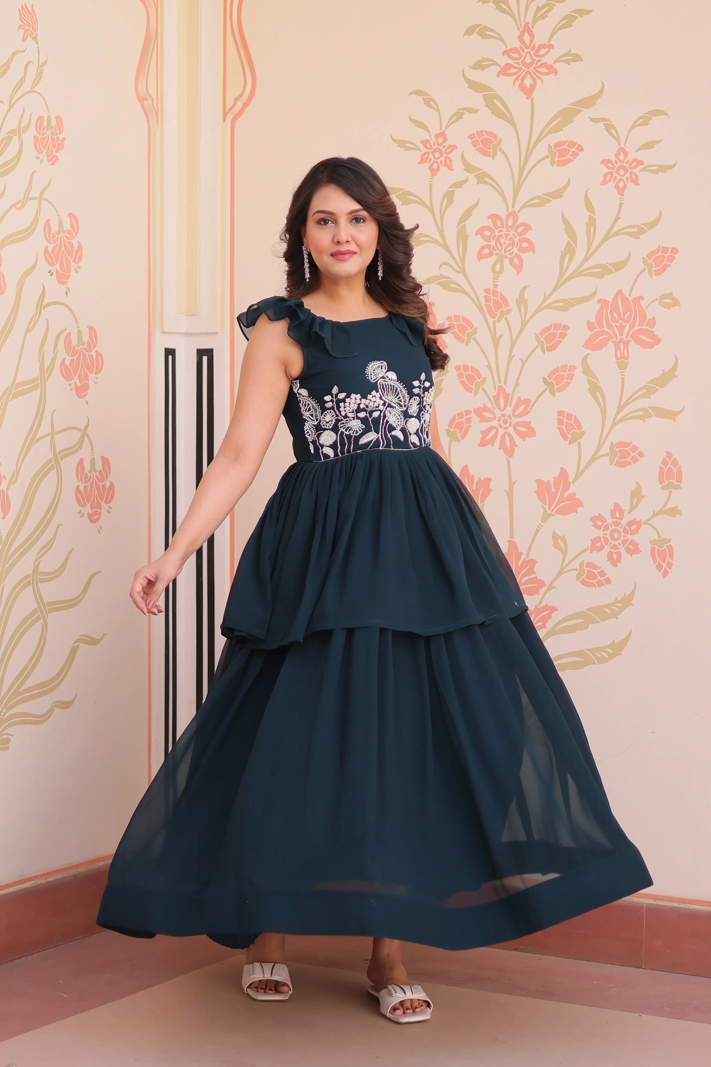 Designer Dark Teal Blue Beads Embroidery Work Gown