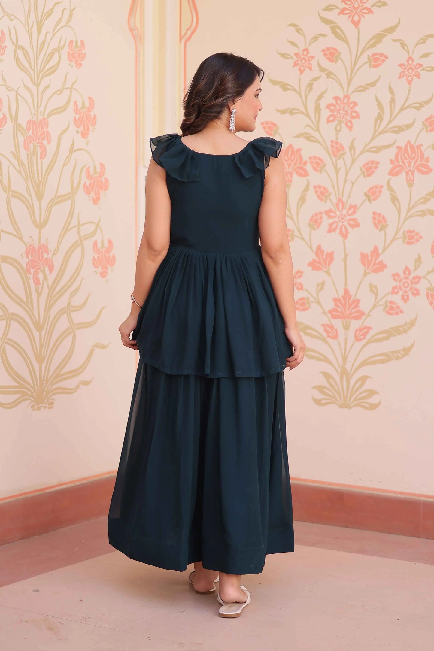 Designer Dark Teal Blue Beads Embroidery Work Gown