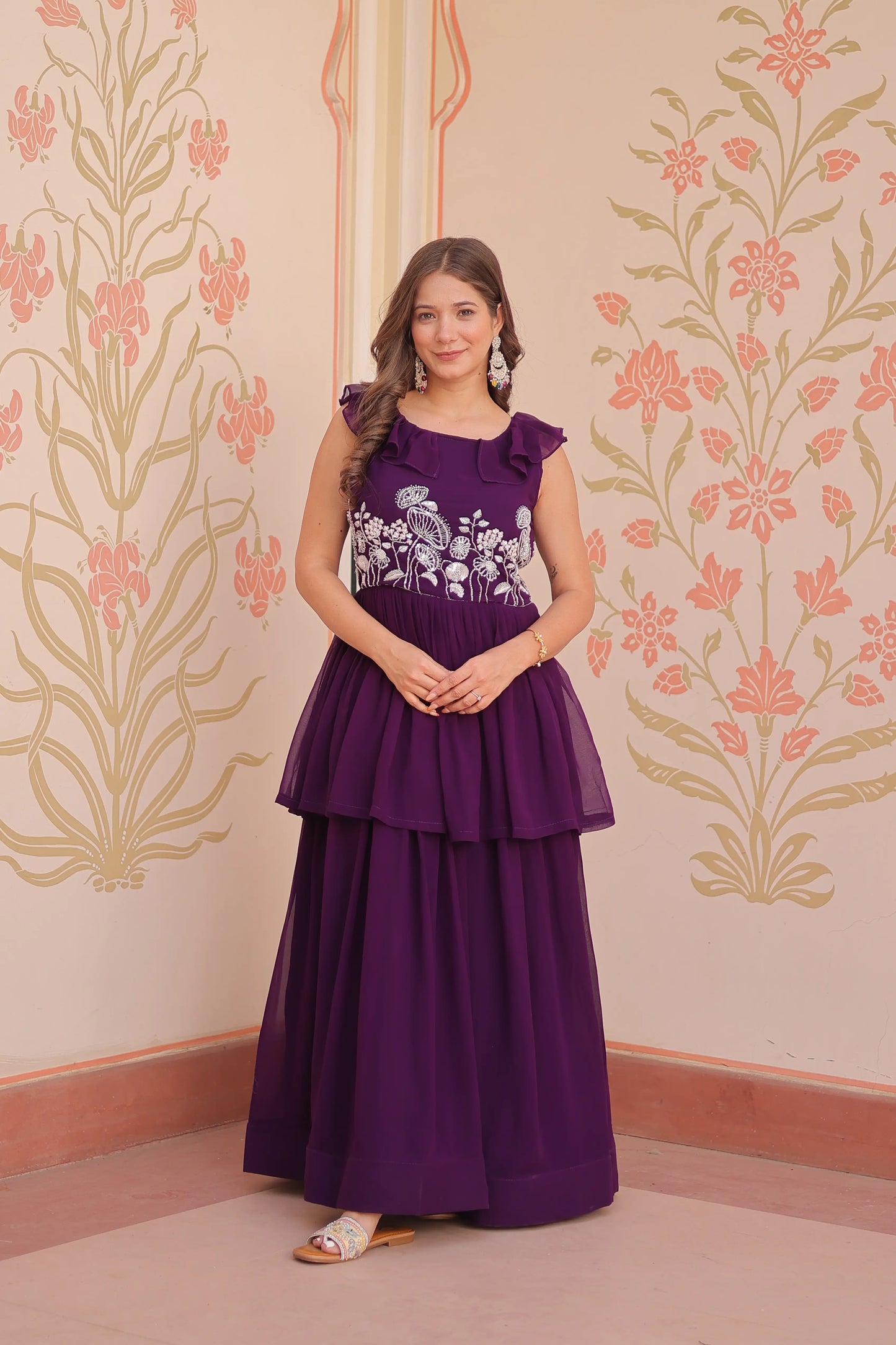 Designer Grape Purple Beads Embroidery Work Gown