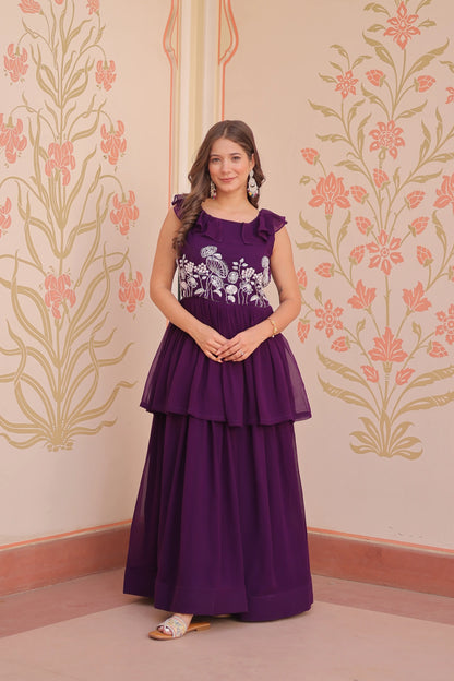 Designer Grape Purple Beads Embroidery Work Gown