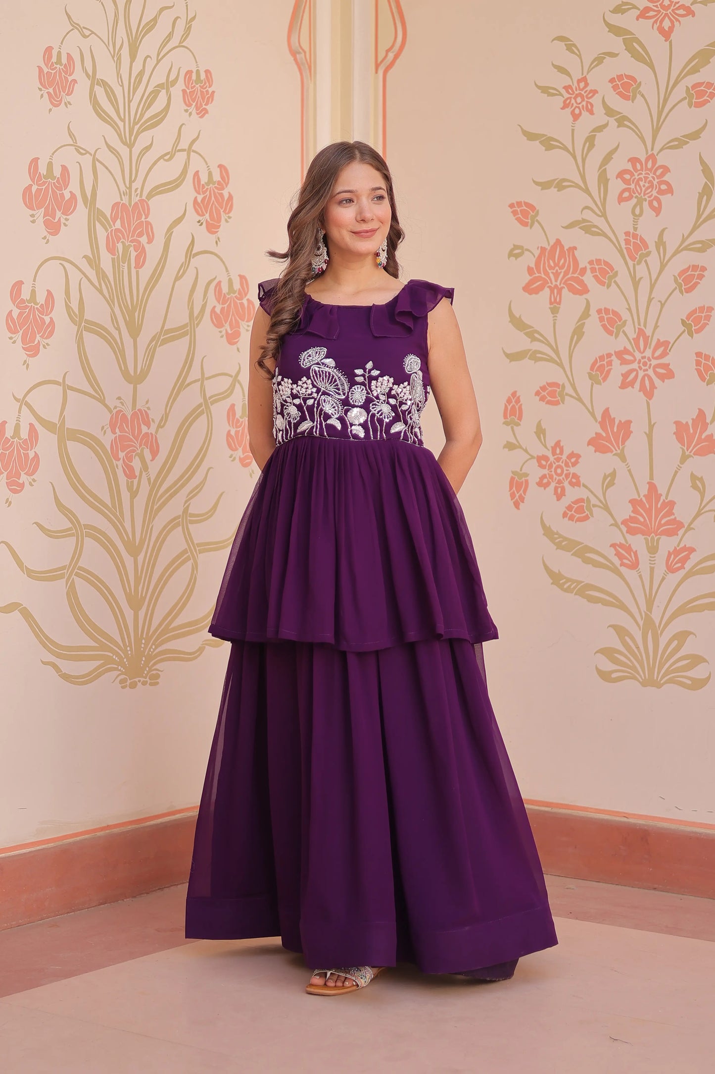 Designer Grape Purple Beads Embroidery Work Gown