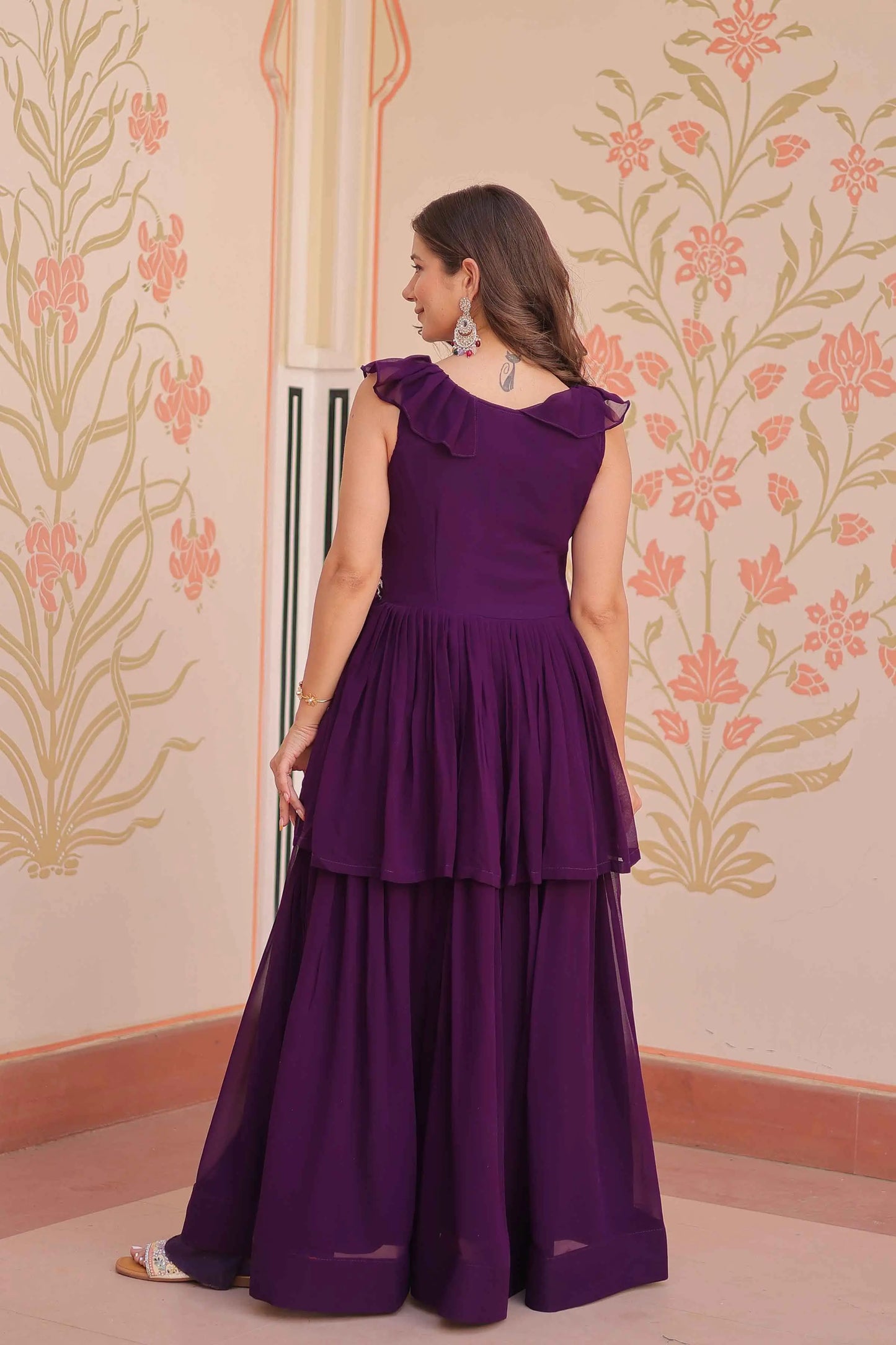 Designer Grape Purple Beads Embroidery Work Gown