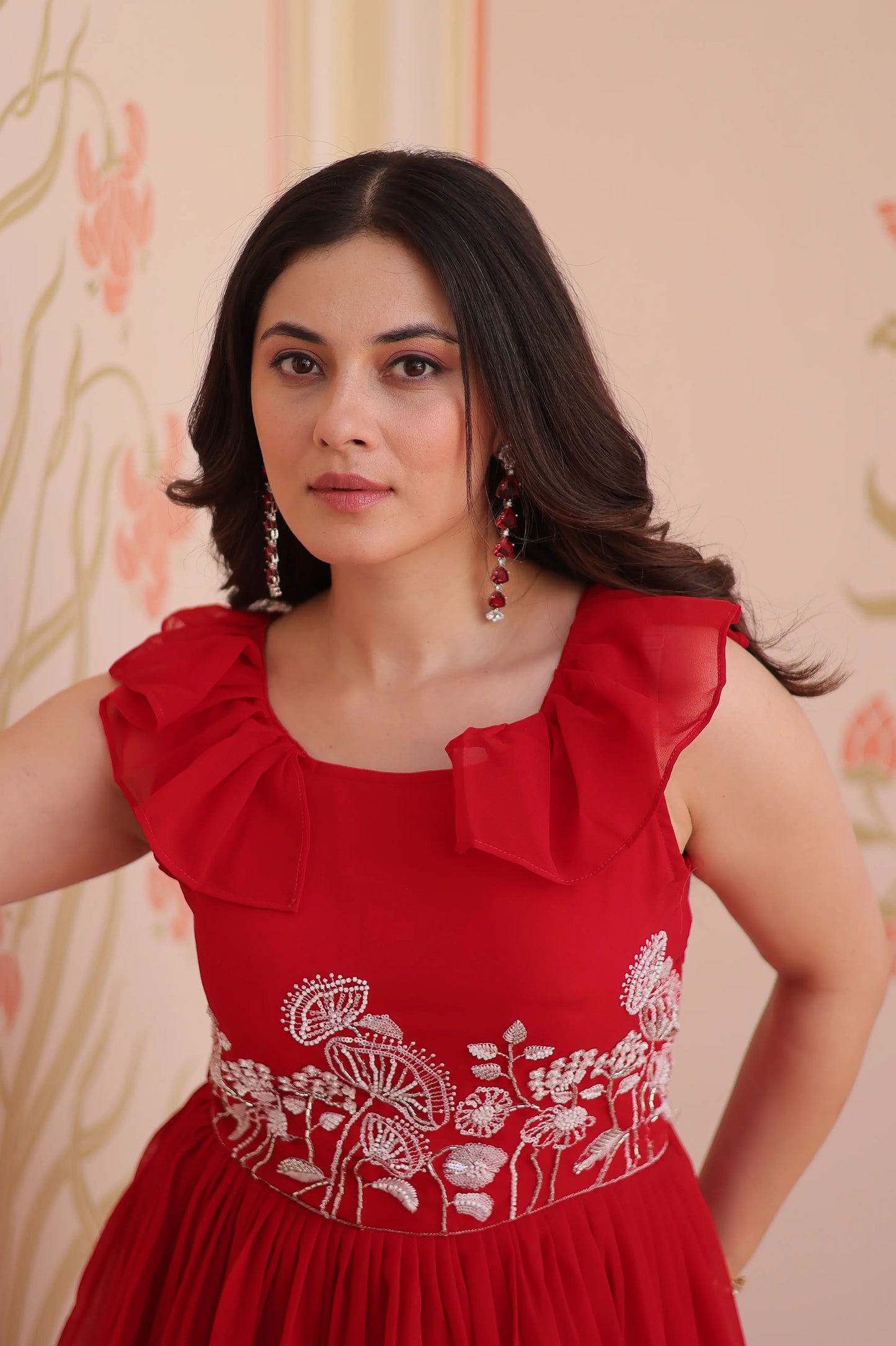 Designer Cornell Red Beads Embroidery Work Gown