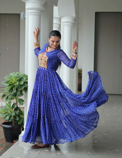 Royal Blue Navratri Gown Bandhani Print With Kutchi Patch Work