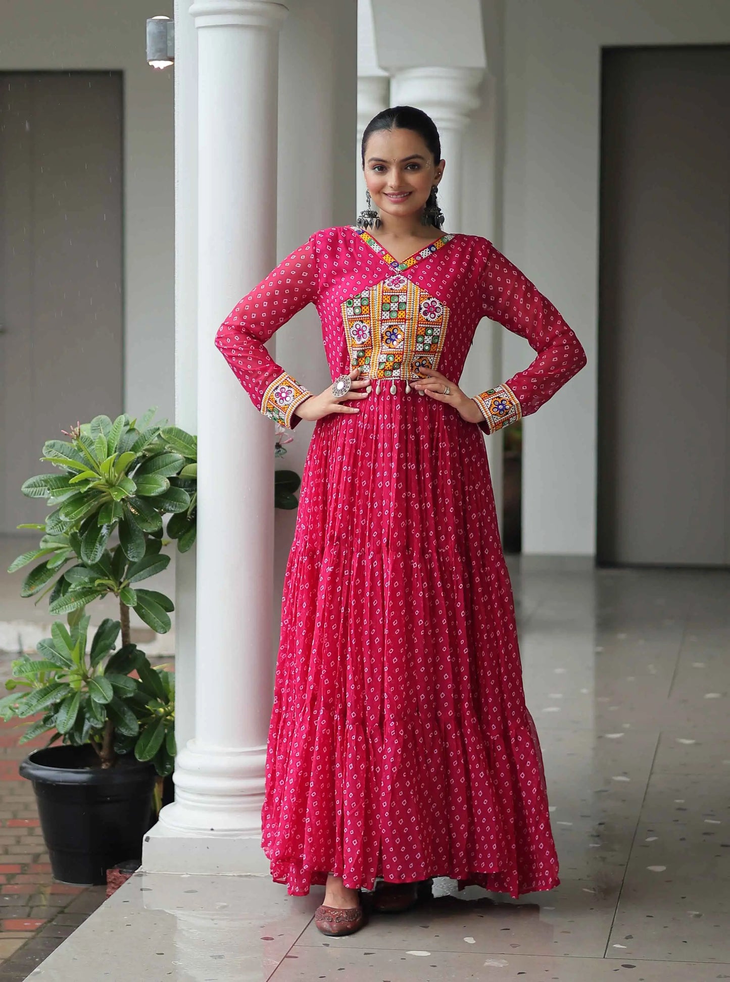 Dark Pink Navratri Gown Bandhani Print With Kutchi Patch Work