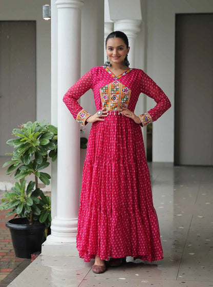 Dark Pink Navratri Gown Bandhani Print With Kutchi Patch Work