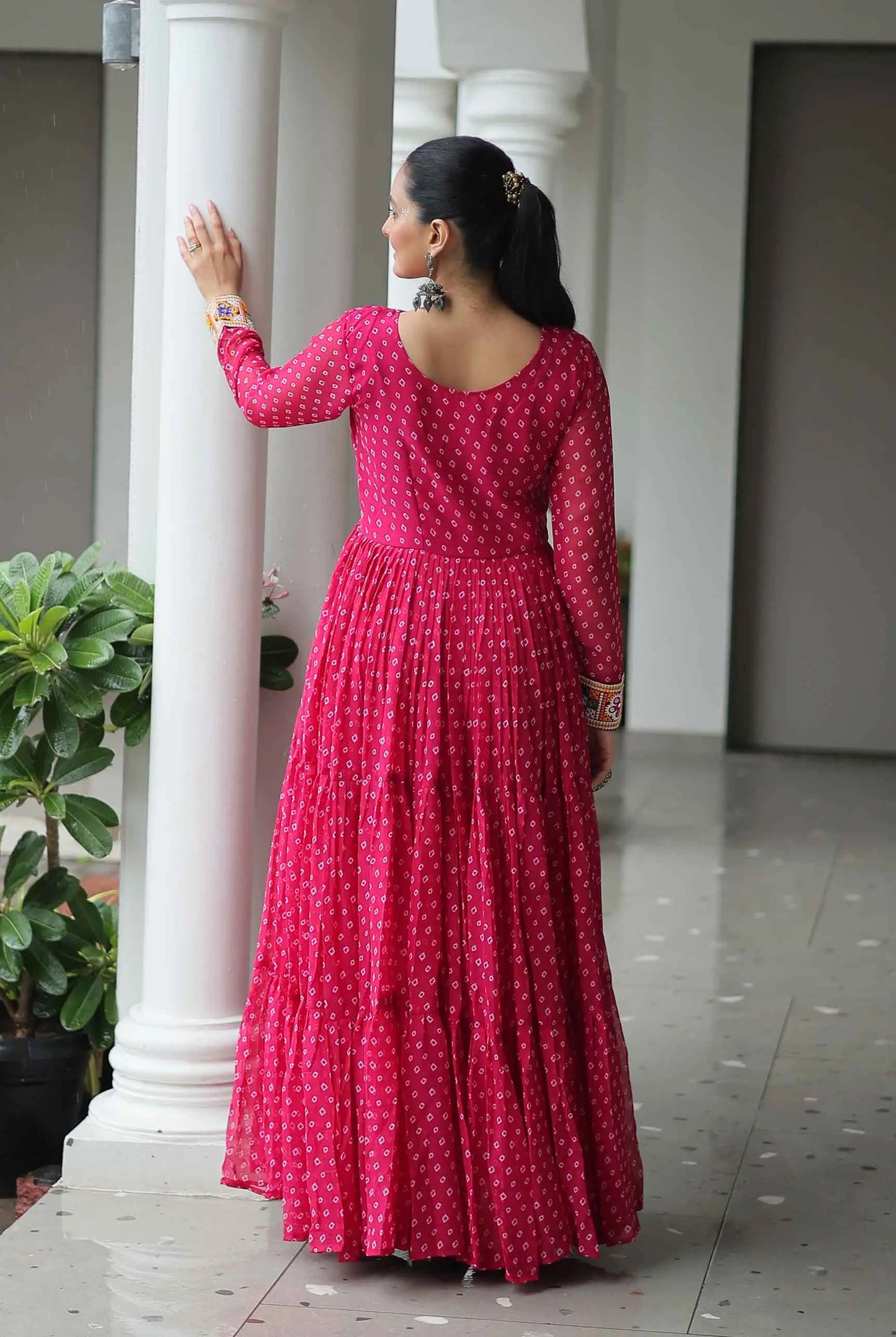 Dark Pink Navratri Gown Bandhani Print With Kutchi Patch Work
