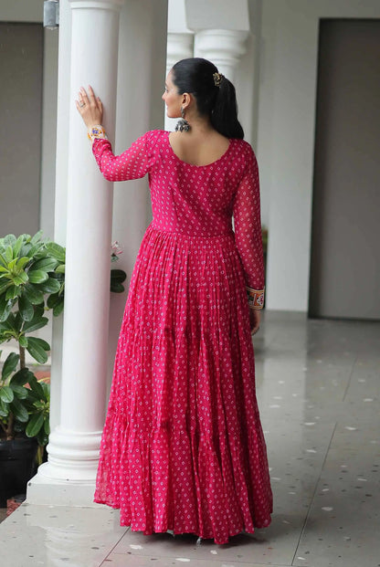 Dark Pink Navratri Gown Bandhani Print With Kutchi Patch Work