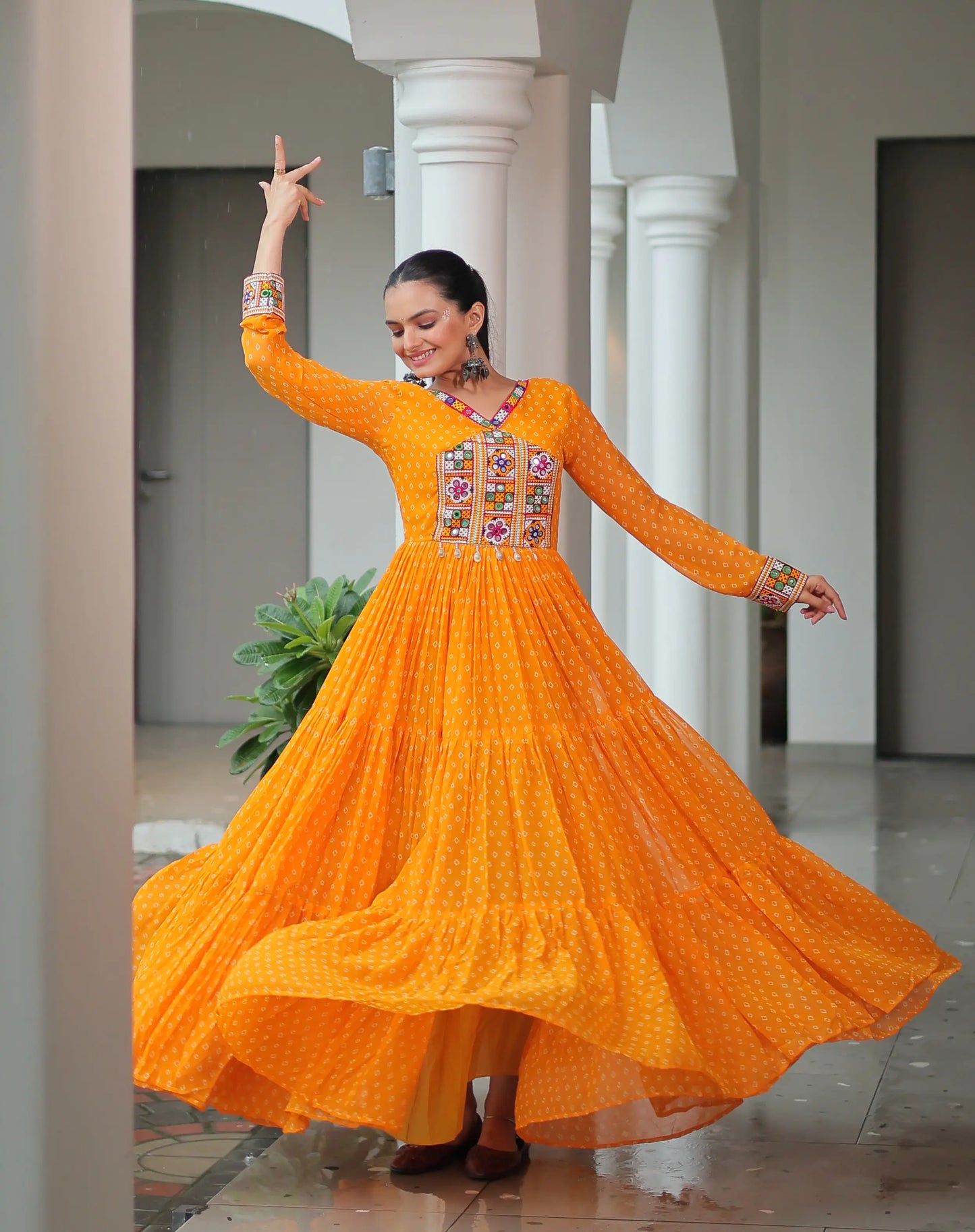 Yellow Navratri Gown Bandhani Print With Kutchi Patch Work