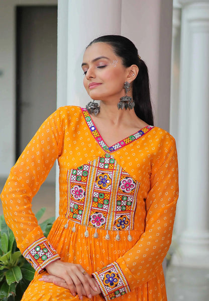 Yellow Navratri Gown Bandhani Print With Kutchi Patch Work
