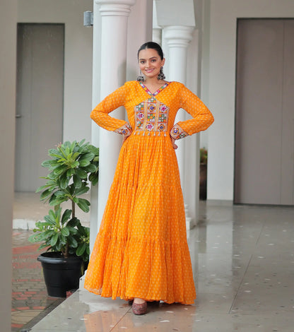 Yellow Navratri Gown Bandhani Print With Kutchi Patch Work