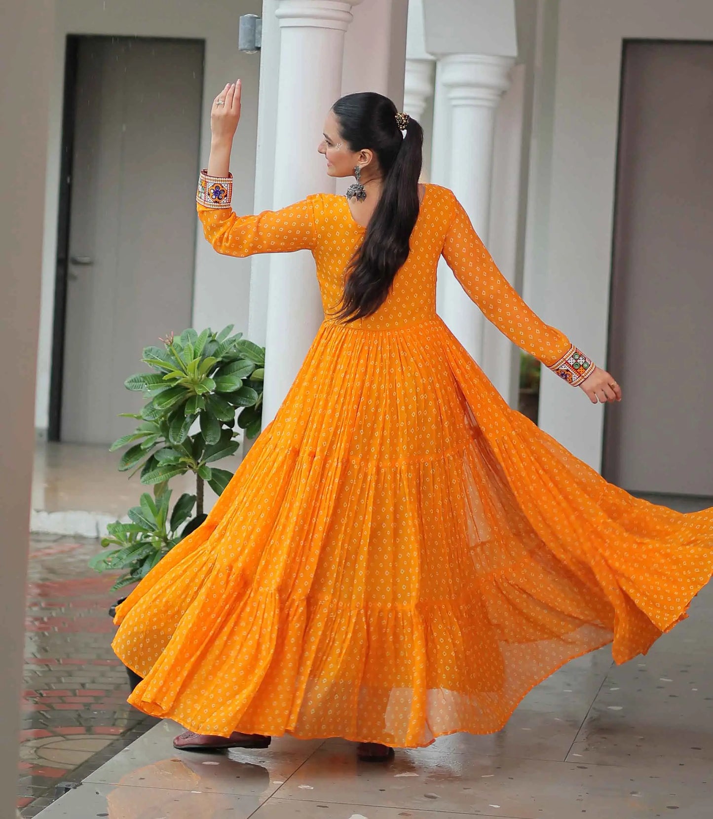 Yellow Navratri Gown Bandhani Print With Kutchi Patch Work