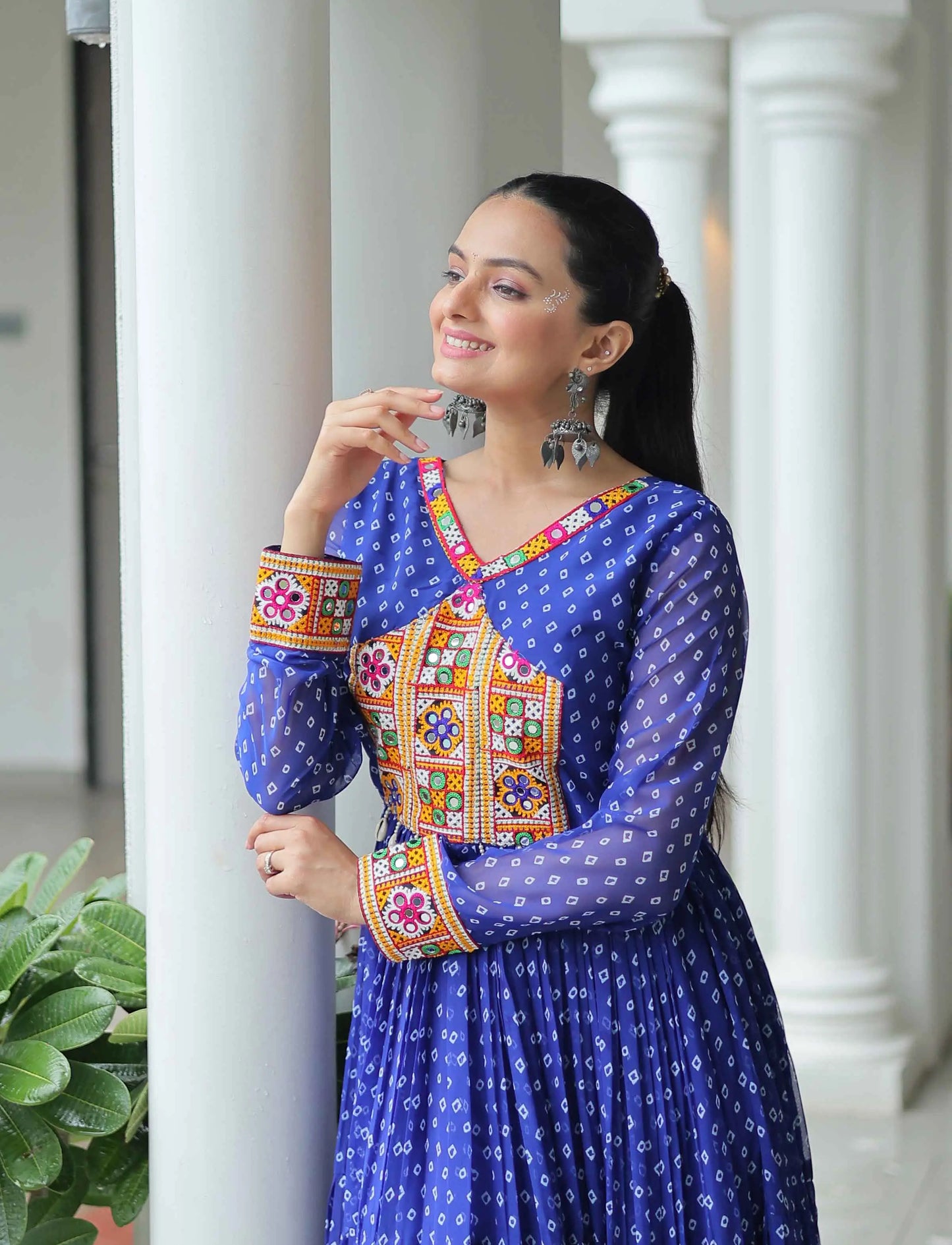 Royal Blue Navratri Gown Bandhani Print With Kutchi Patch Work