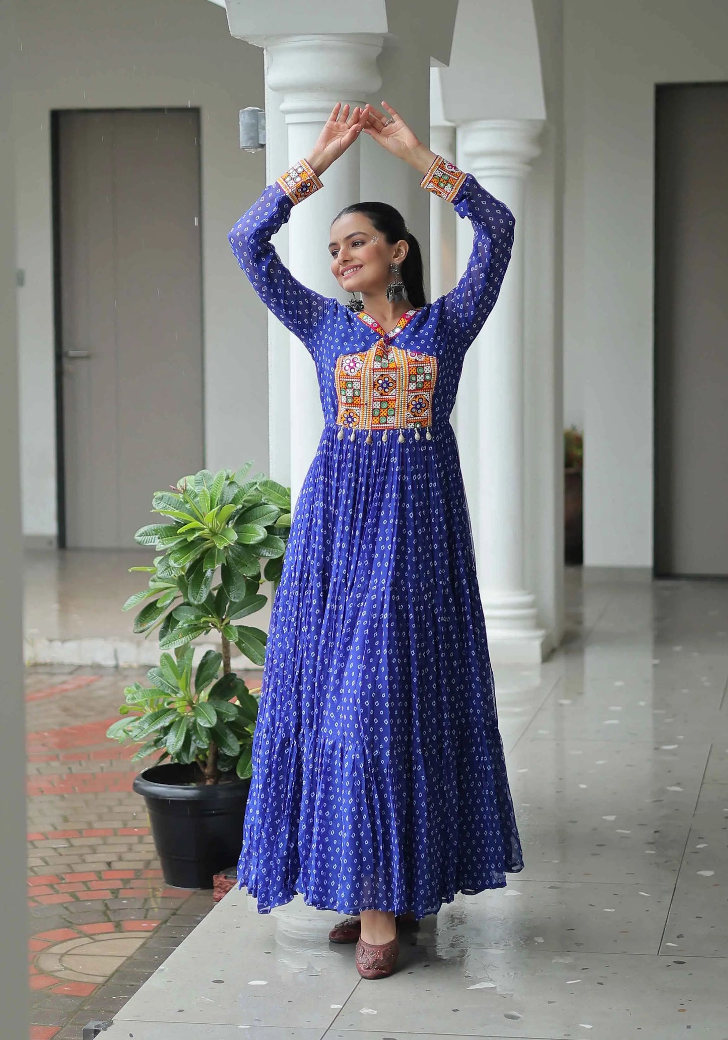 Royal Blue Navratri Gown Bandhani Print With Kutchi Patch Work