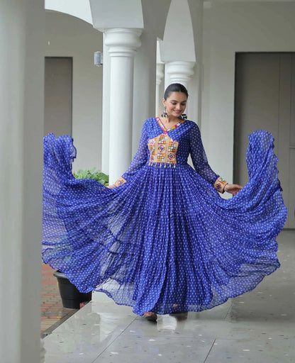 Royal Blue Navratri Gown Bandhani Print With Kutchi Patch Work