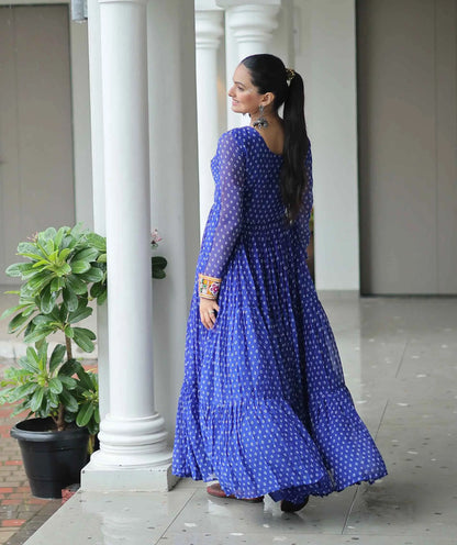 Royal Blue Navratri Gown Bandhani Print With Kutchi Patch Work