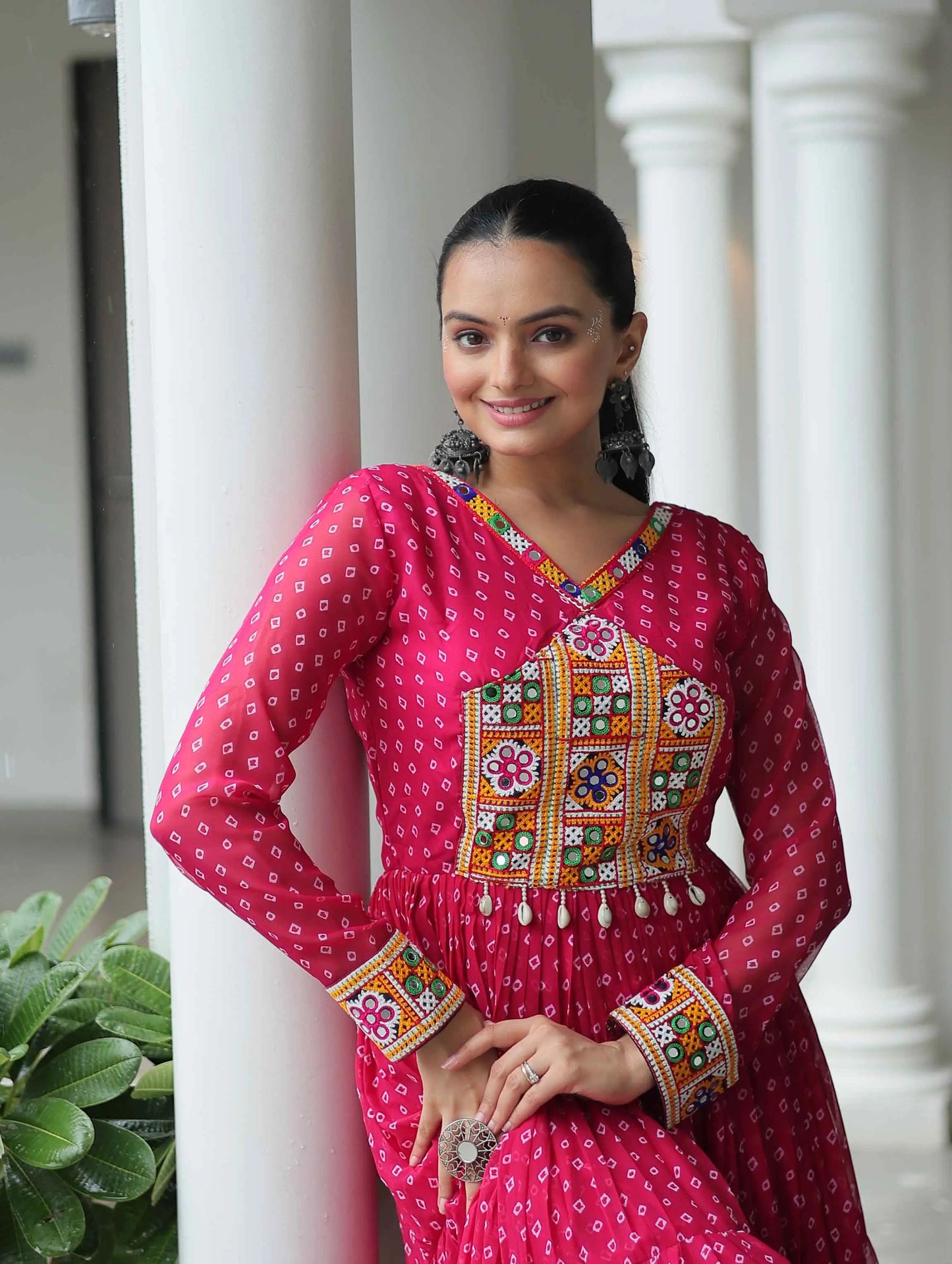 Dark Pink Navratri Gown Bandhani Print With Kutchi Patch Work