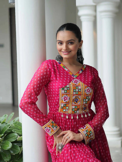 Dark Pink Navratri Gown Bandhani Print With Kutchi Patch Work