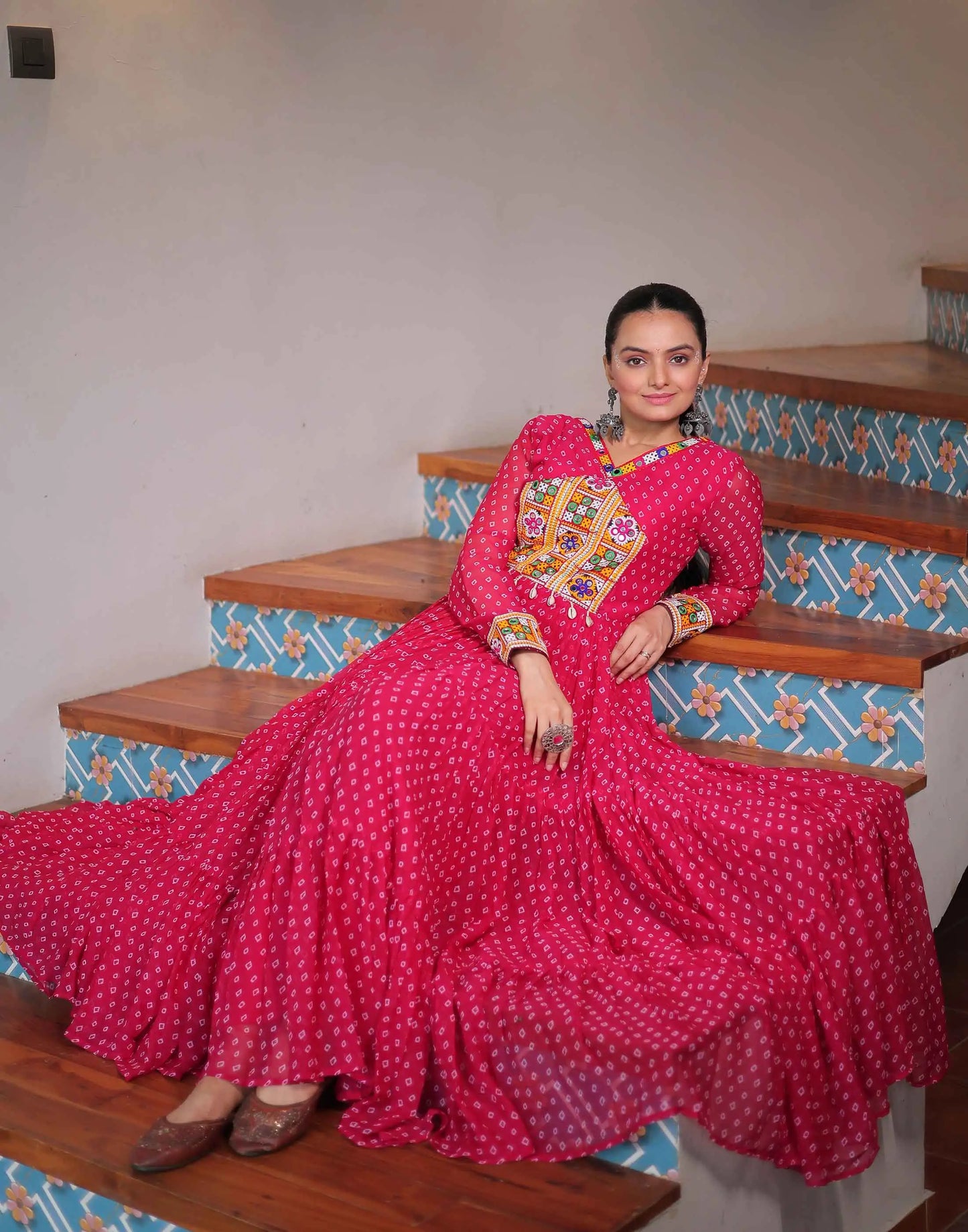 Dark Pink Navratri Gown Bandhani Print With Kutchi Patch Work