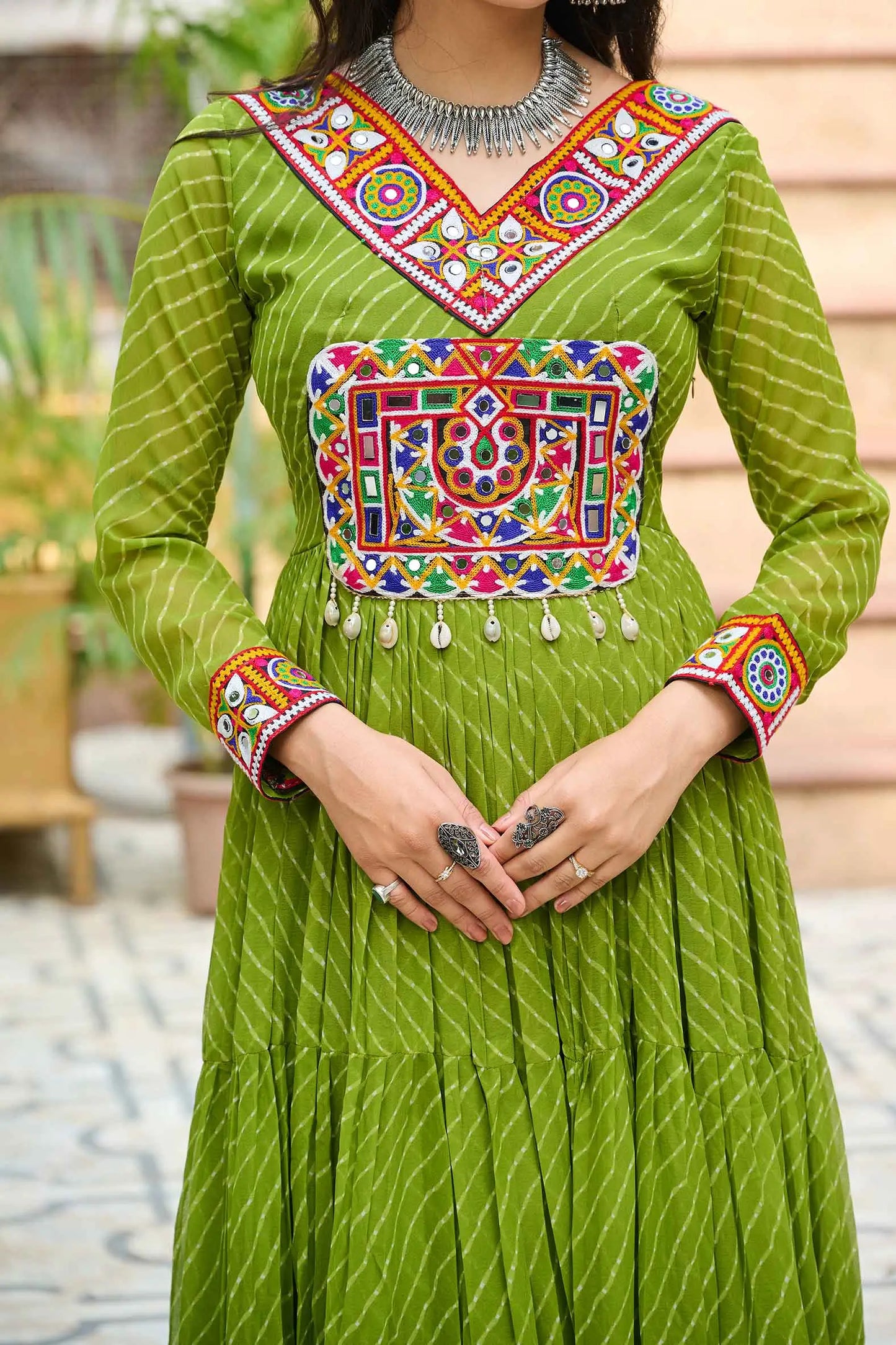 Parrot Laheriya Print With Kutchi Patch Work Navratri Gown