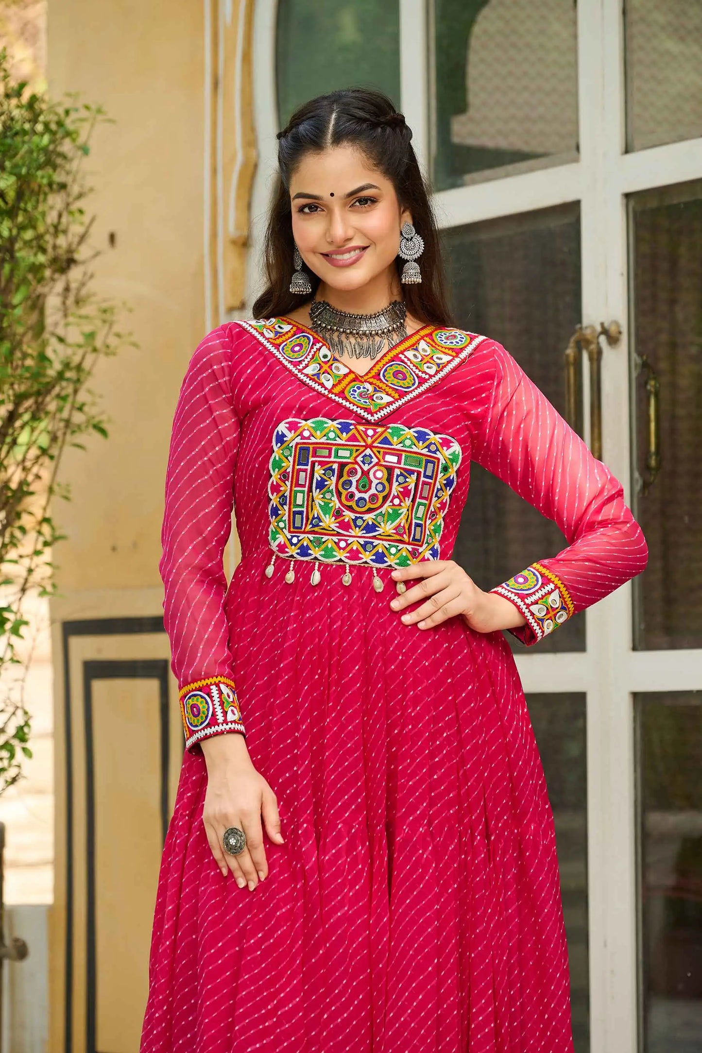 Pink Laheriya Print With Kutchi Patch Work Navratri Gown