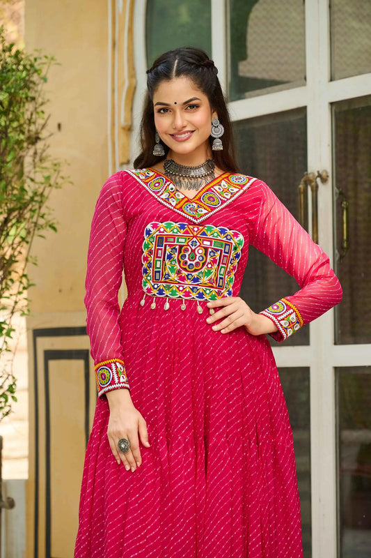 Pink Laheriya Print With Kutchi Patch Work Navratri Gown