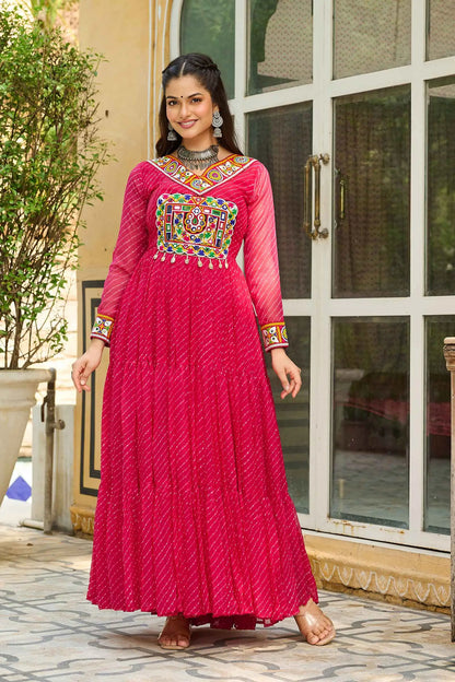 Pink Laheriya Print With Kutchi Patch Work Navratri Gown
