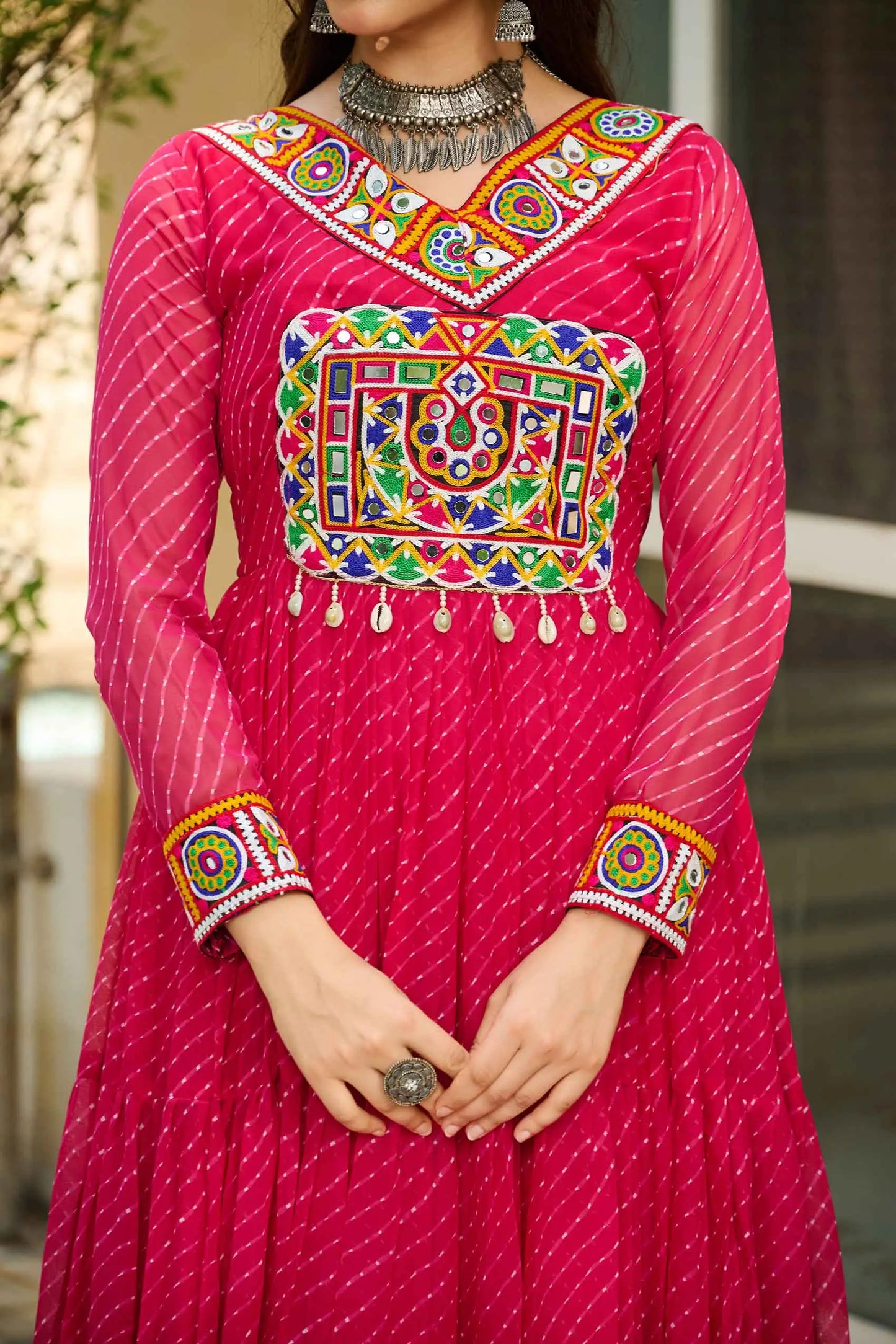 Pink Laheriya Print With Kutchi Patch Work Navratri Gown