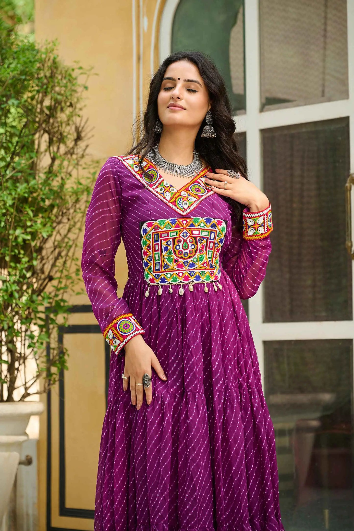 Wine Georgette Laheriya Print With Kutchi Patch Work Navratri Gown