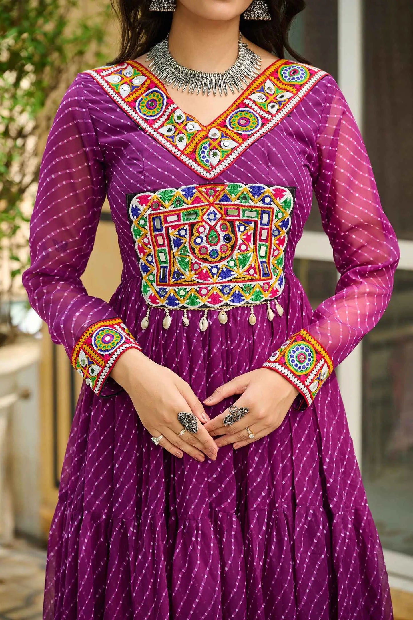 Wine Georgette Laheriya Print With Kutchi Patch Work Navratri Gown