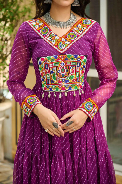 Wine Georgette Laheriya Print With Kutchi Patch Work Navratri Gown