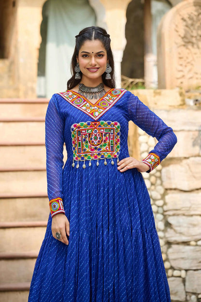 BlueLaheriya Print With Kutchi Patch Work Navratri Gown
