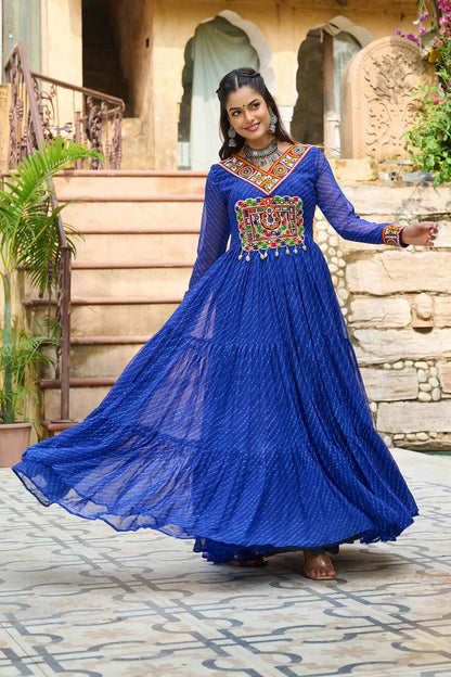 BlueLaheriya Print With Kutchi Patch Work Navratri Gown