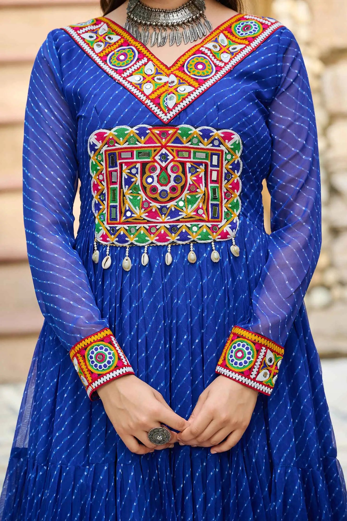 BlueLaheriya Print With Kutchi Patch Work Navratri Gown