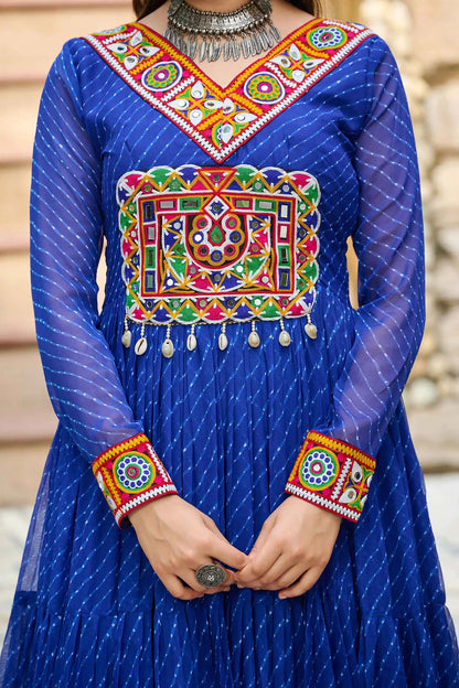 BlueLaheriya Print With Kutchi Patch Work Navratri Gown