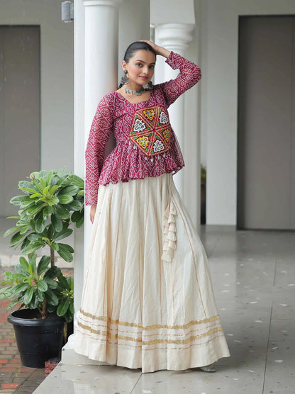 Maroon Bandhani Print With Gamtthi Patch Work Top With Lehenga For Navratri