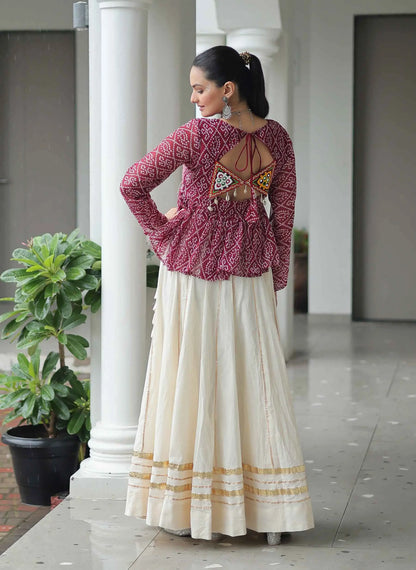 Maroon Bandhani Print With Gamtthi Patch Work Top With Lehenga For Navratri