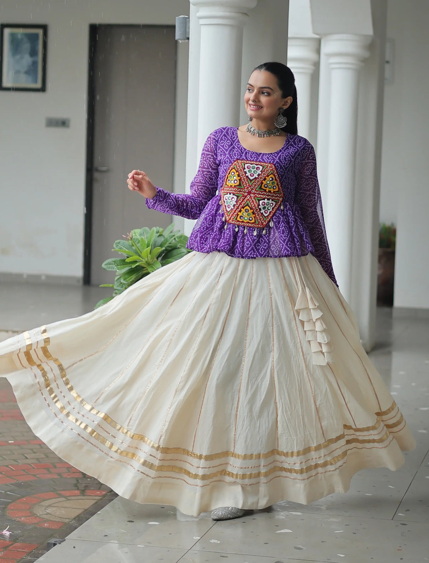 Purple Bandhani Print With Gamtthi Patch Work Top With Lehenga For Navratri