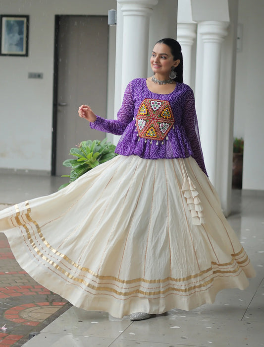 Purple Bandhani Print With Gamtthi Patch Work Top With Lehenga For Navratri