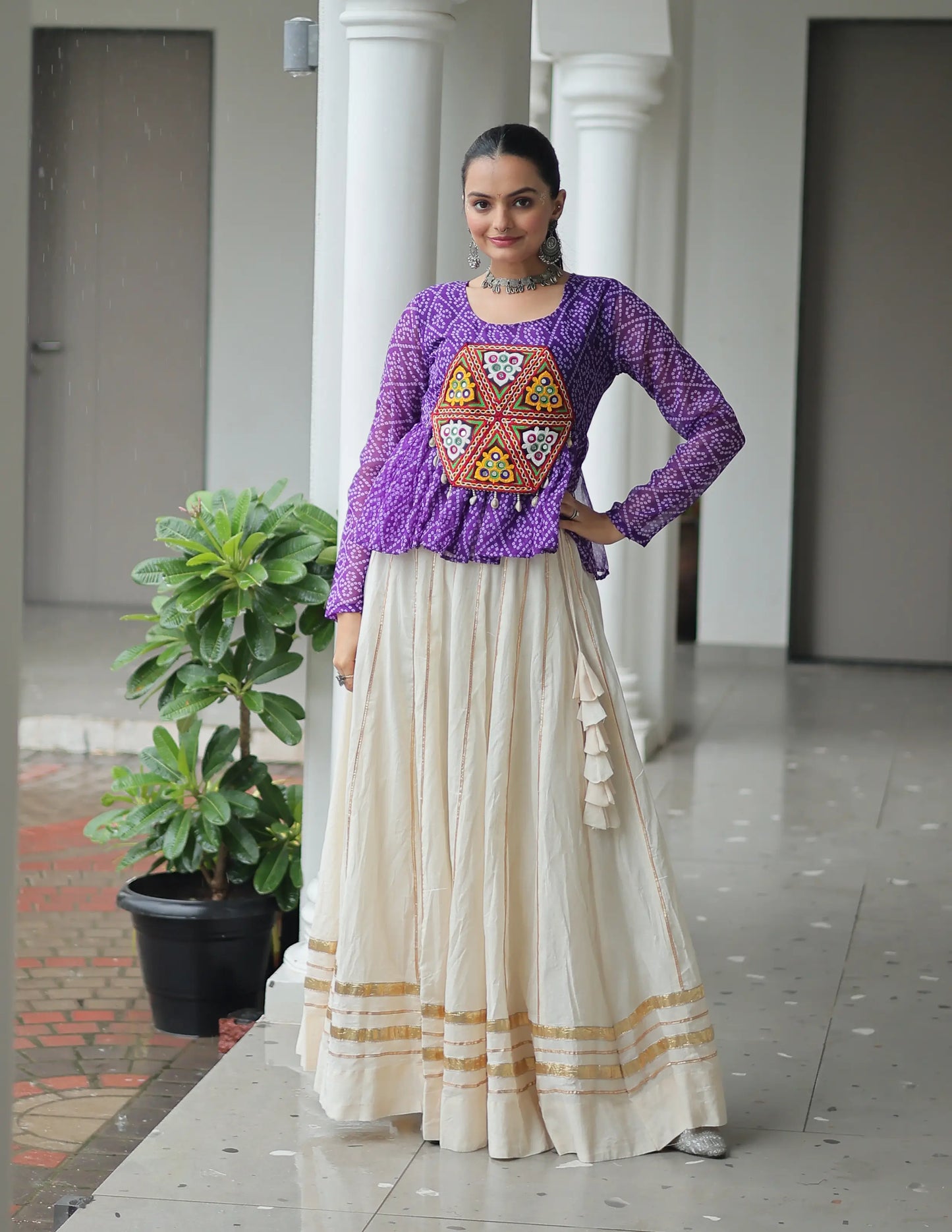 Purple Bandhani Print With Gamtthi Patch Work Top With Lehenga For Navratri
