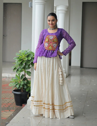 Purple Bandhani Print With Gamtthi Patch Work Top With Lehenga For Navratri