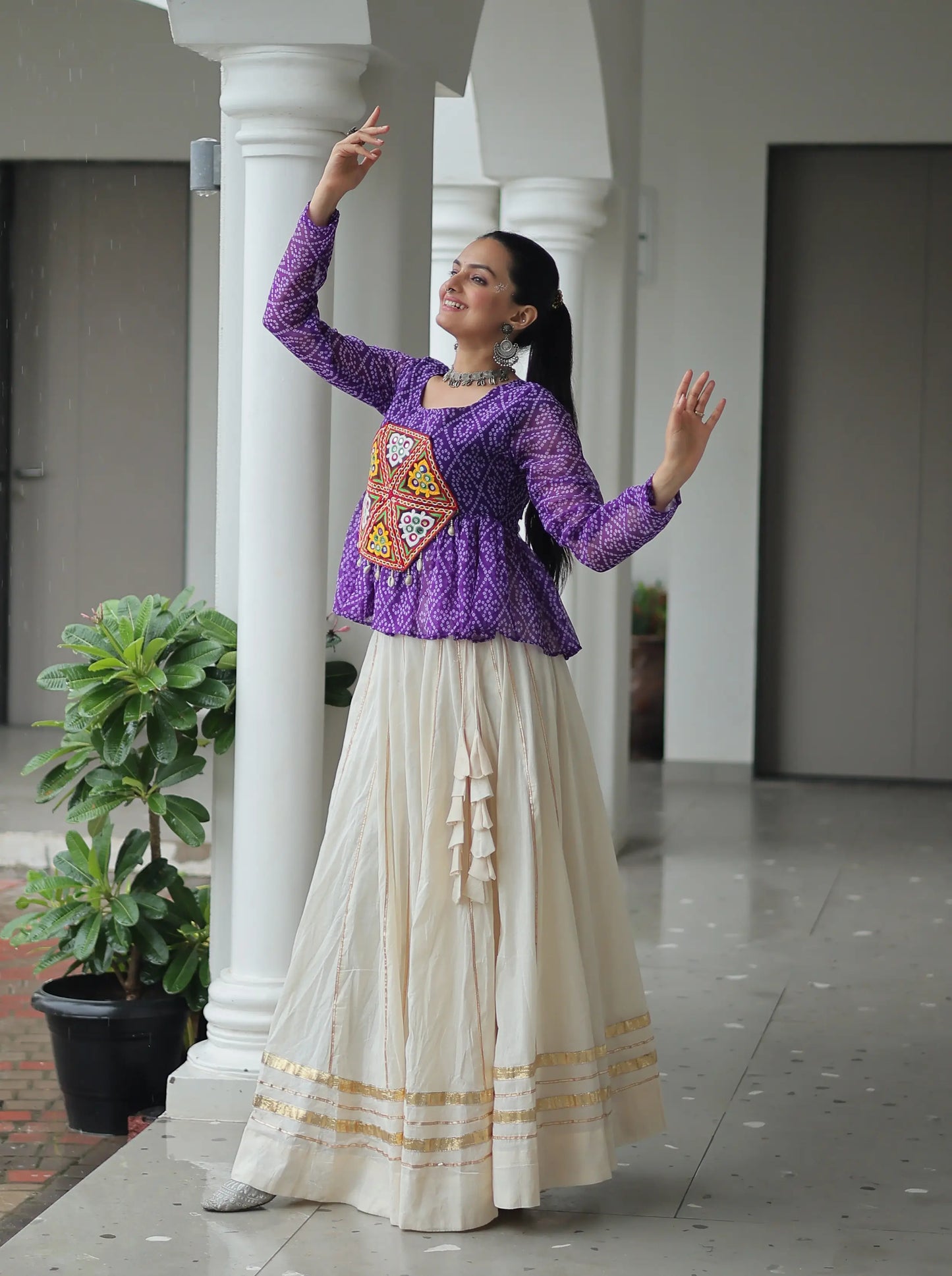 Purple Bandhani Print With Gamtthi Patch Work Top With Lehenga For Navratri