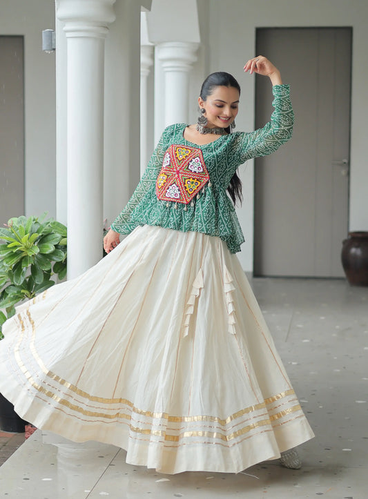 Green Bandhani Print And Gamtthi Patch Work Top With Lehenga For Navratri