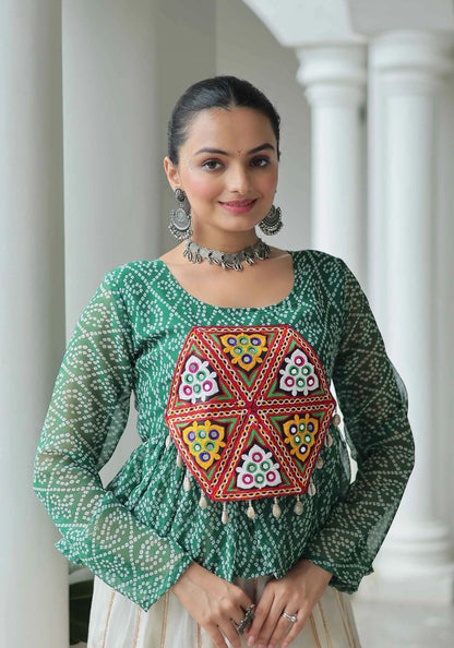 Green Bandhani Print And Gamtthi Patch Work Top With Lehenga For Navratri