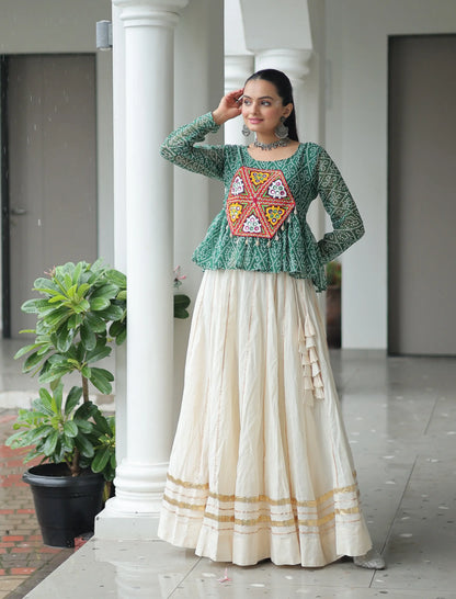 Green Bandhani Print And Gamtthi Patch Work Top With Lehenga For Navratri
