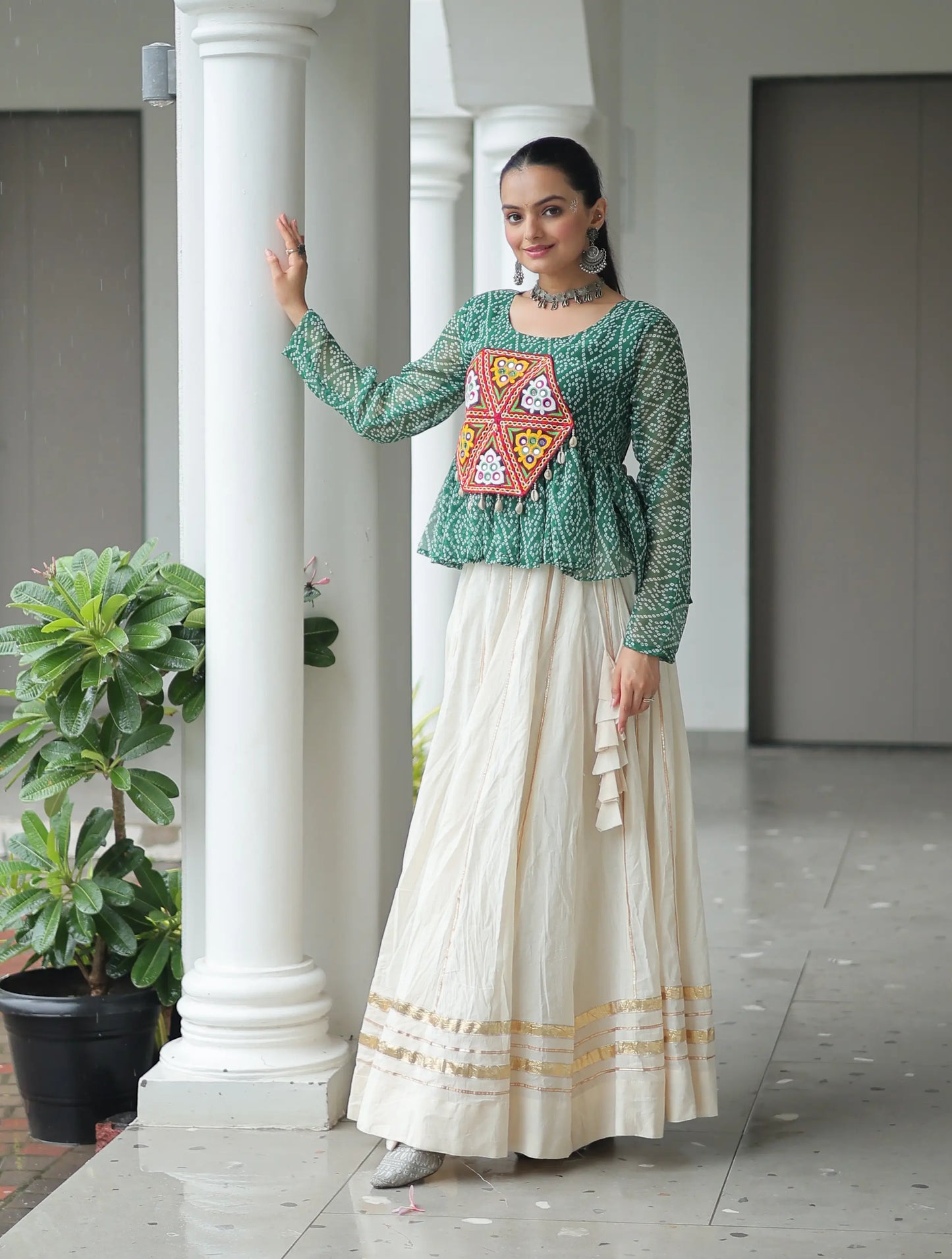 Green Bandhani Print And Gamtthi Patch Work Top With Lehenga For Navratri