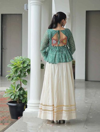 Green Bandhani Print And Gamtthi Patch Work Top With Lehenga For Navratri