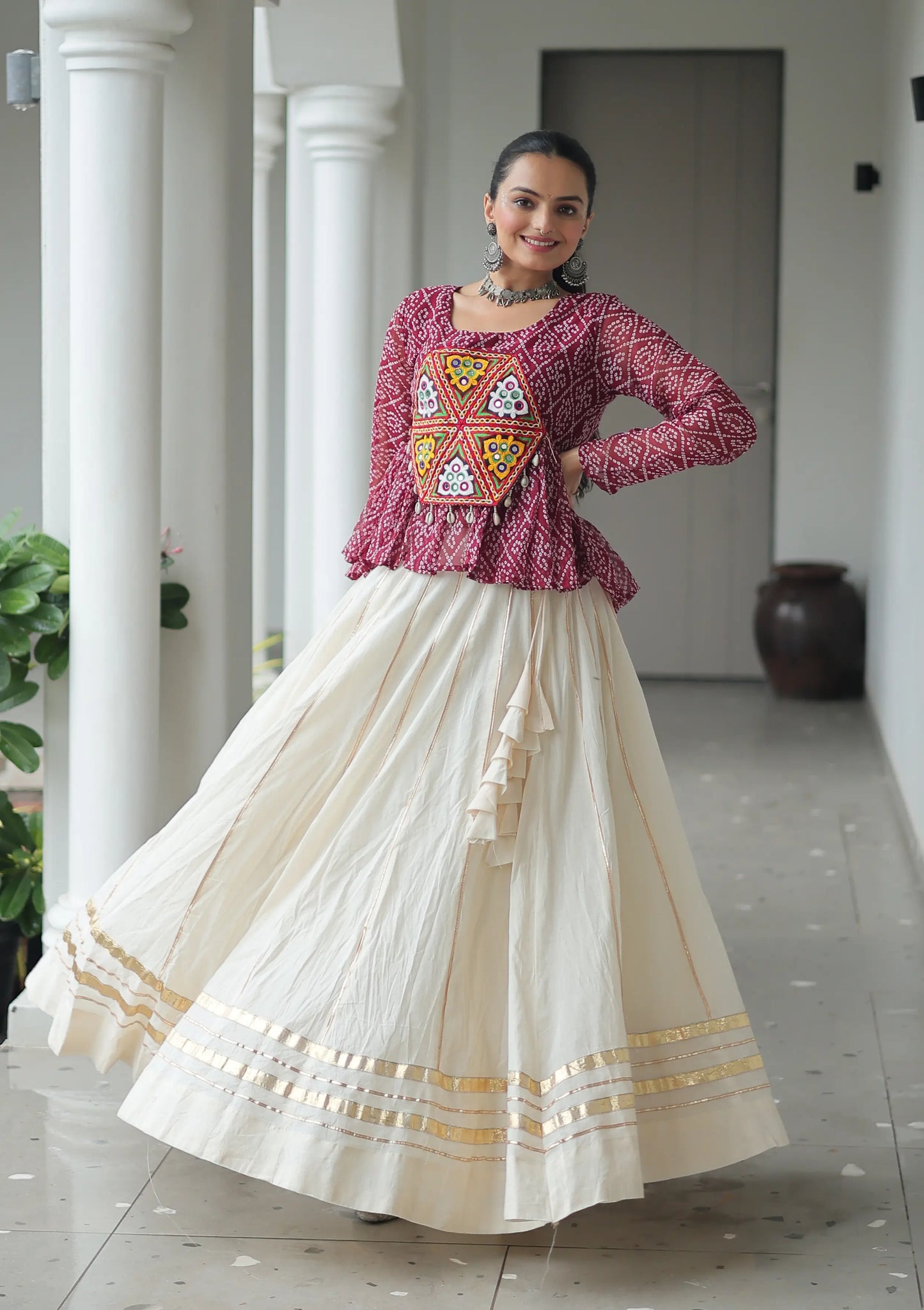 Maroon Bandhani Print With Gamtthi Patch Work Top With Lehenga For Navratri