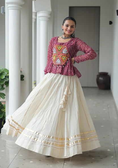 Maroon Bandhani Print With Gamtthi Patch Work Top With Lehenga For Navratri